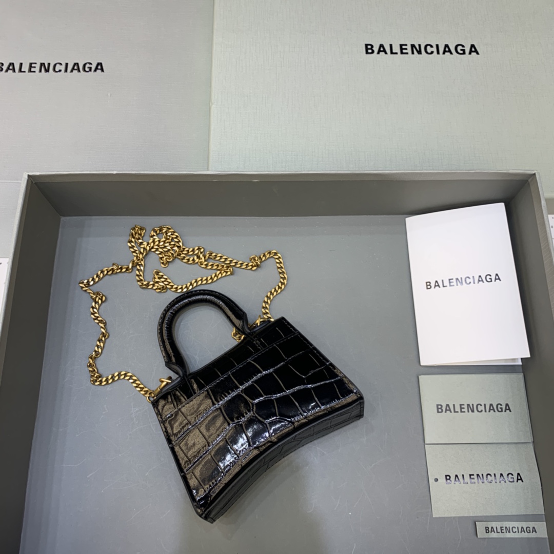 Balenciaga Hourglass Mini Handbag With Chain Crocodile Embossed Shoulder Bag Black